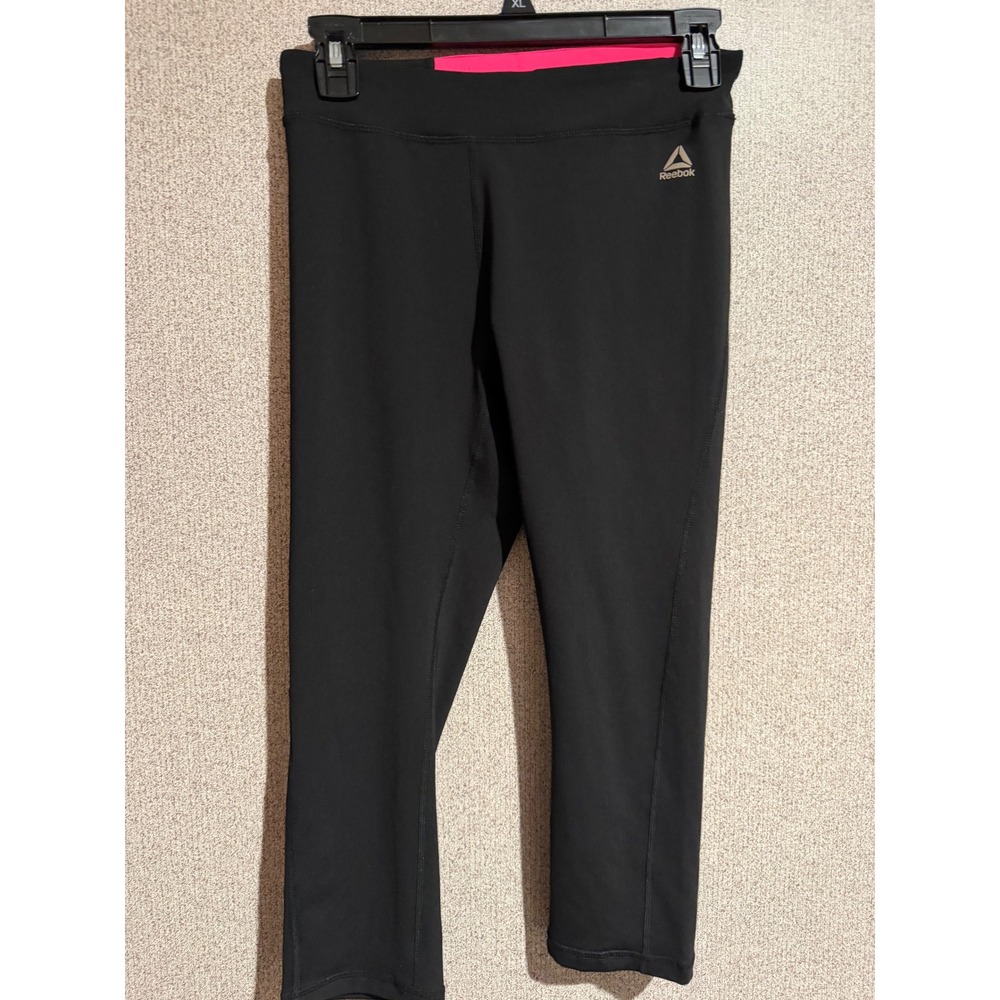 Reebok Womens Black Cropped Leggings Neon Pink Waistband Athletic Capris Small